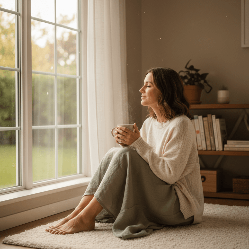 Woman in a moment of calm reflection, looking thoughtful and peaceful