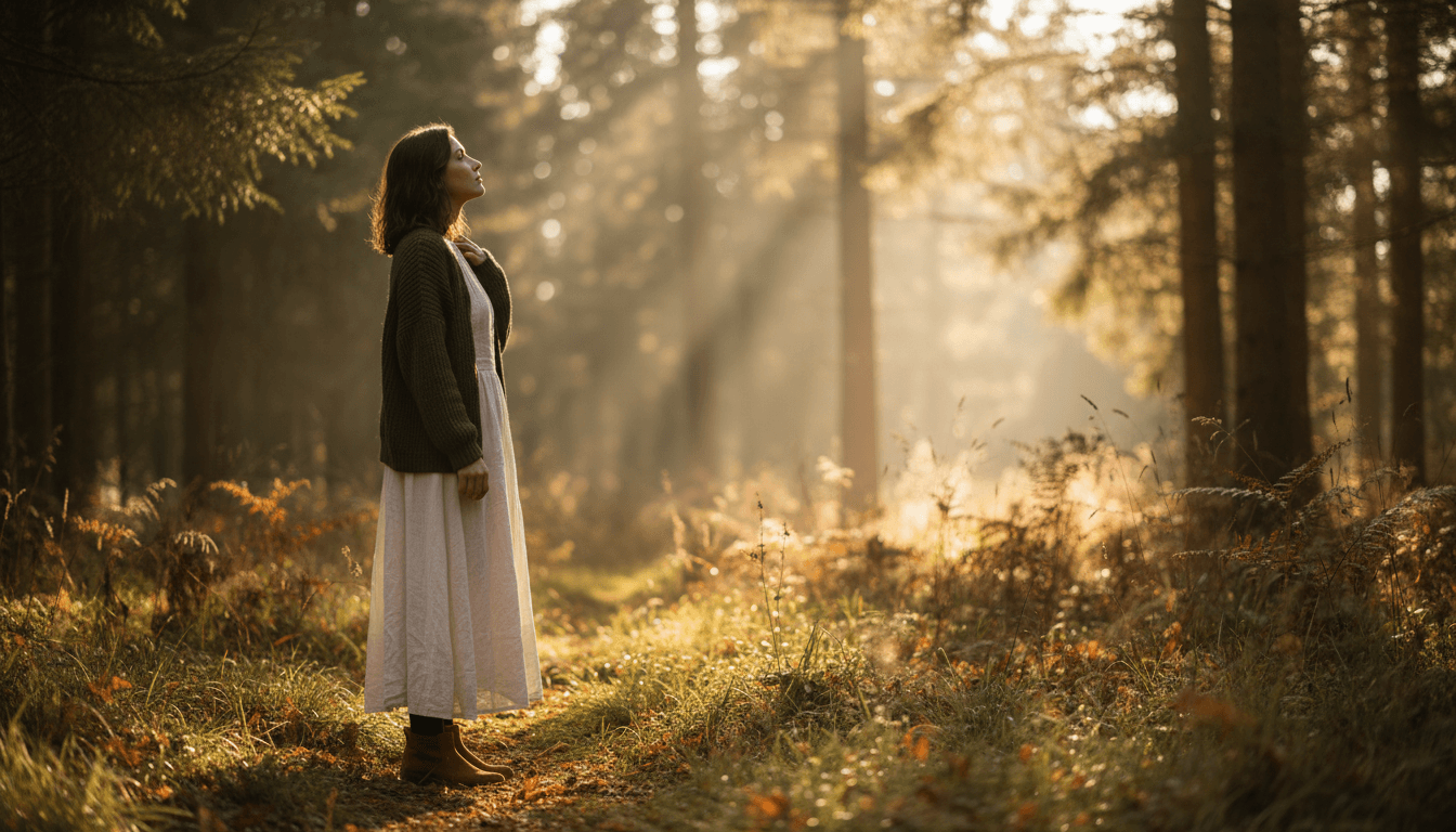 Woman in a sunlit forest clearing with warm natural light, evoking calm and introspection
