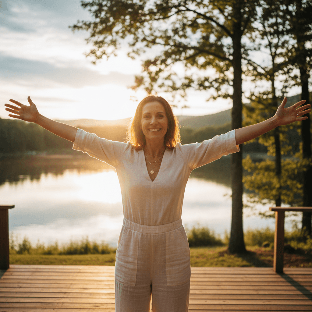 Woman smiling with confidence and warmth, embodying personal growth and empowerment