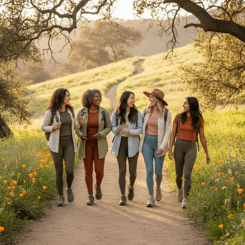 Group of women walking together outdoors on a scenic path, engaged in conversation