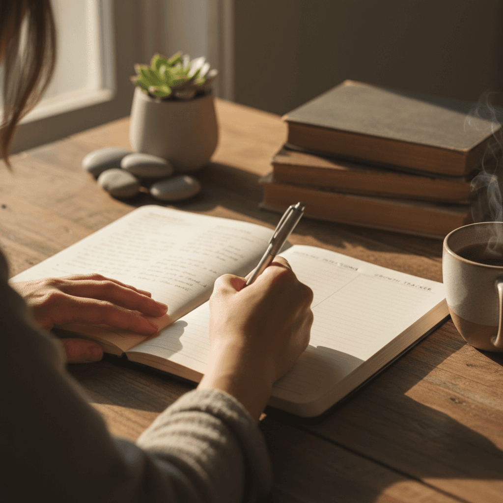 Woman writing in a journal while planning her personal growth journey