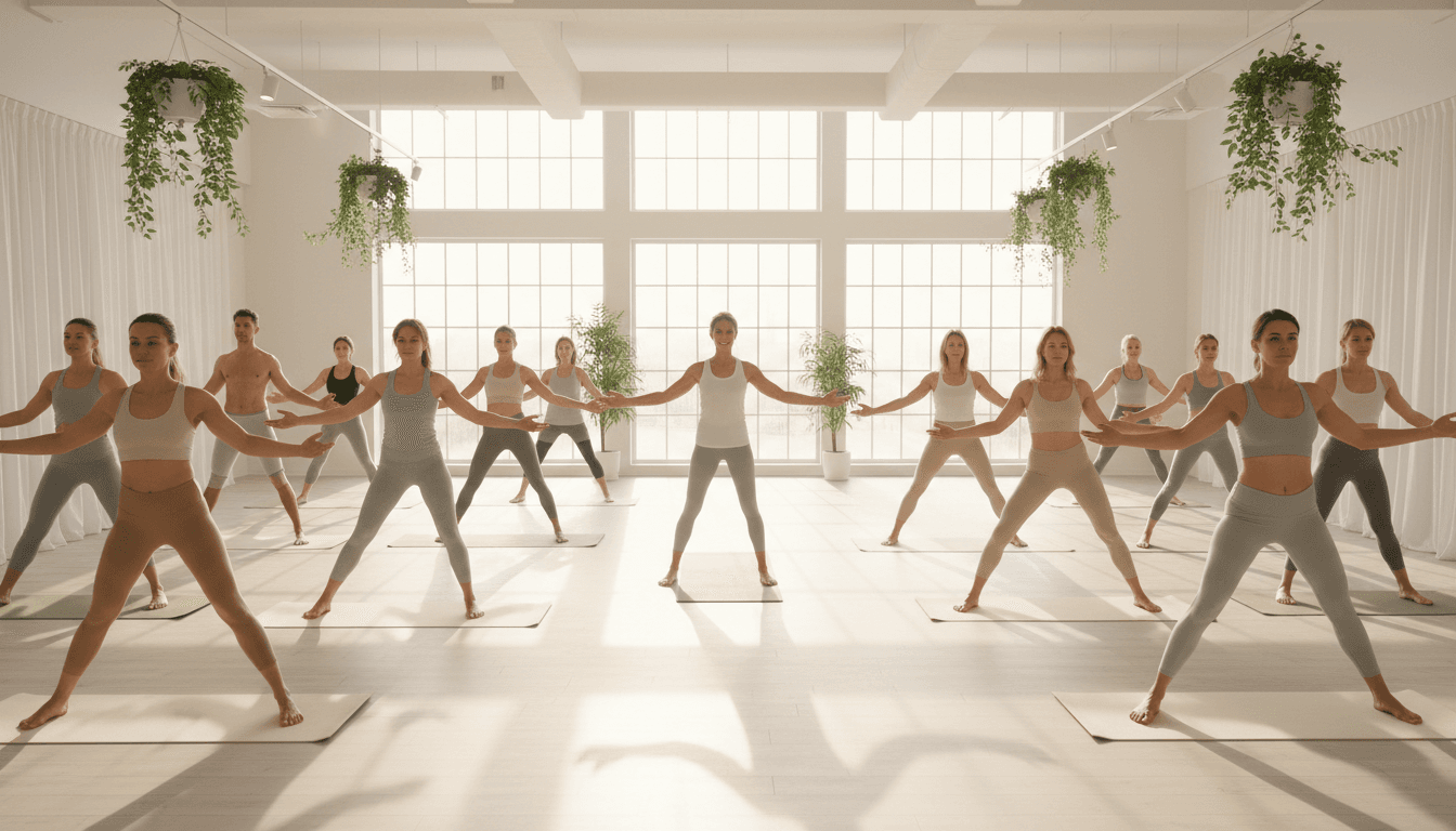 Diverse group practicing yoga poses together in a bright, plant-filled studio during guided class