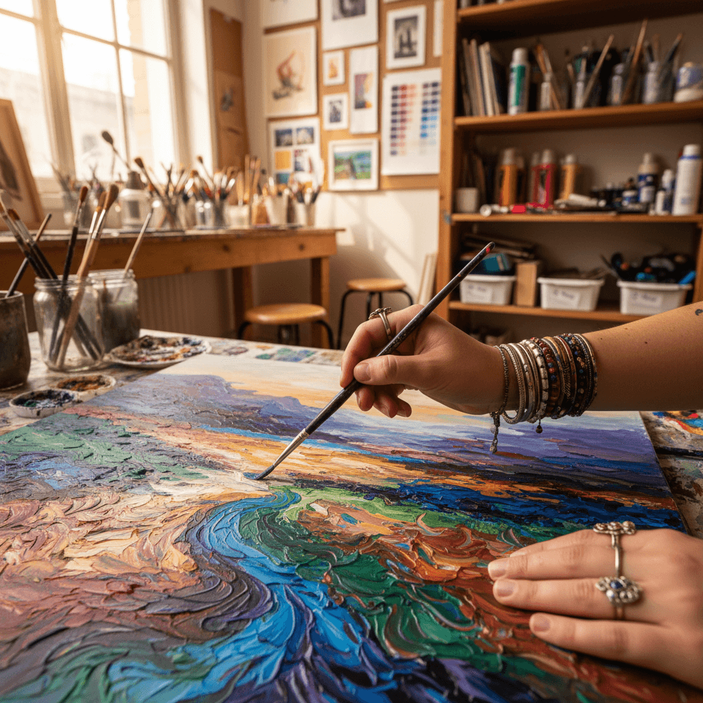 Artist's hands painting on canvas with rich colors in community workshop with art supplies and materials nearby